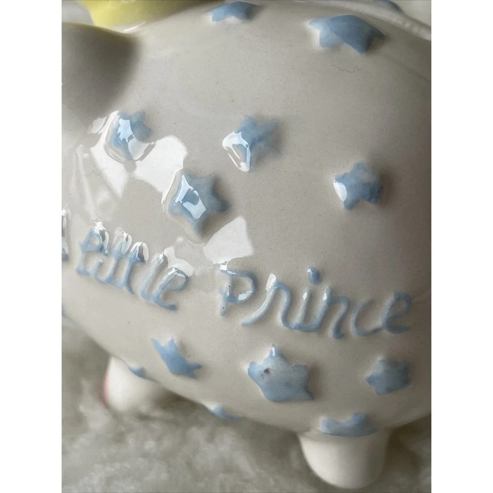 MUD PIE BABY LITTLE PIG PRINCE COIN BANK Blue White Pink With Yellow Crown!